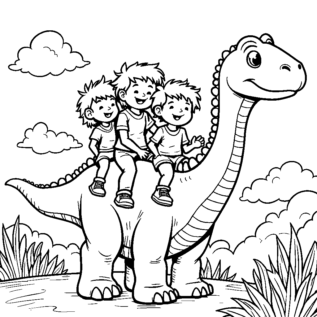 A group of kids riding on the back of a gentle Apatosaurus