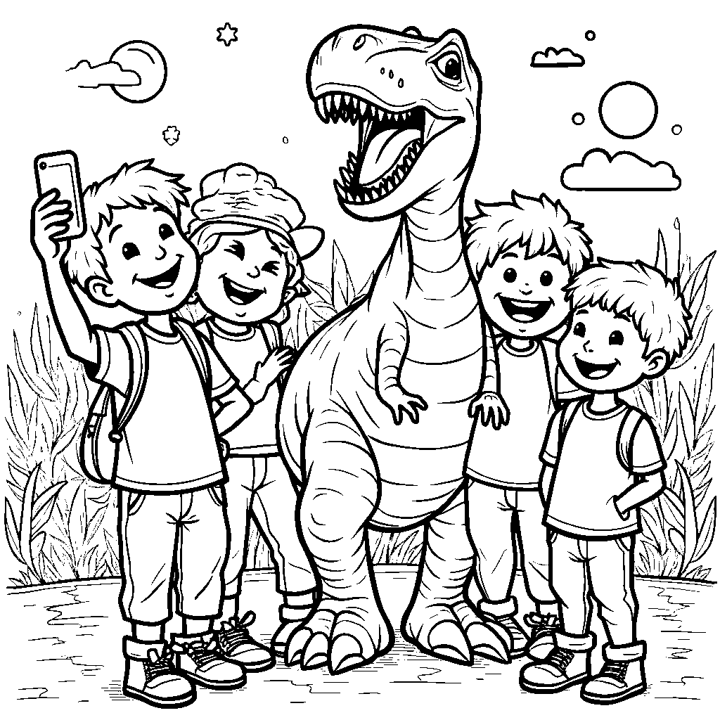 A group of kids taking a selfie with a friendly T-Rex