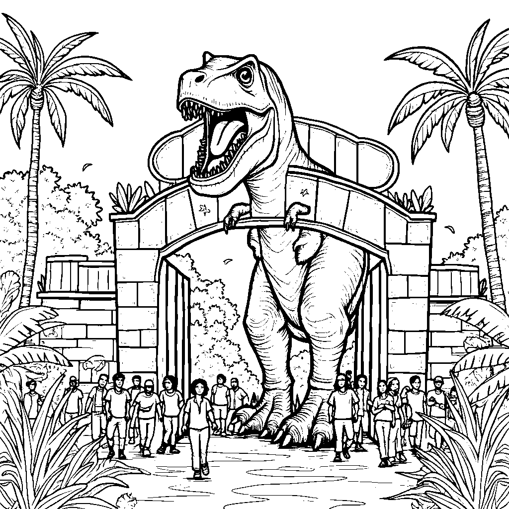 A Jurassic World theme park entrance with a giant T-Rex