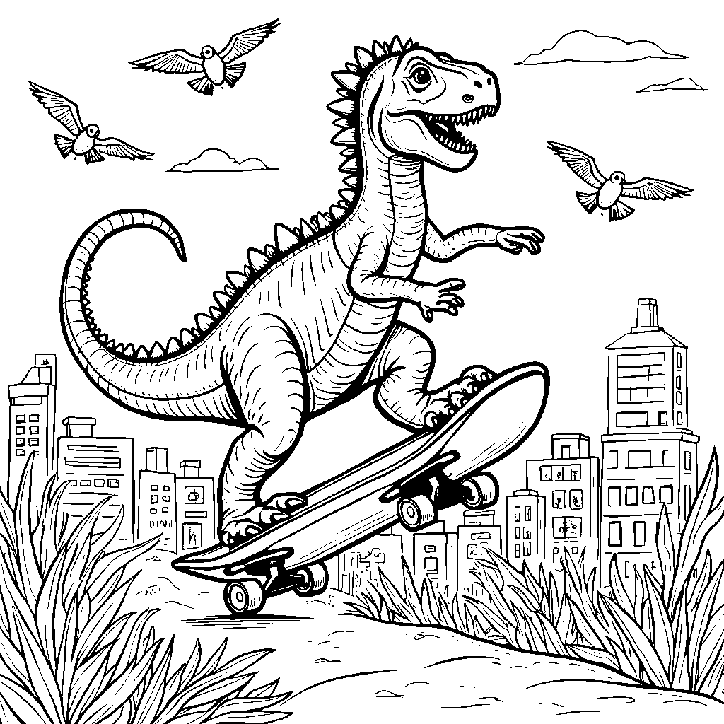 A Spinosaurus riding a skateboard