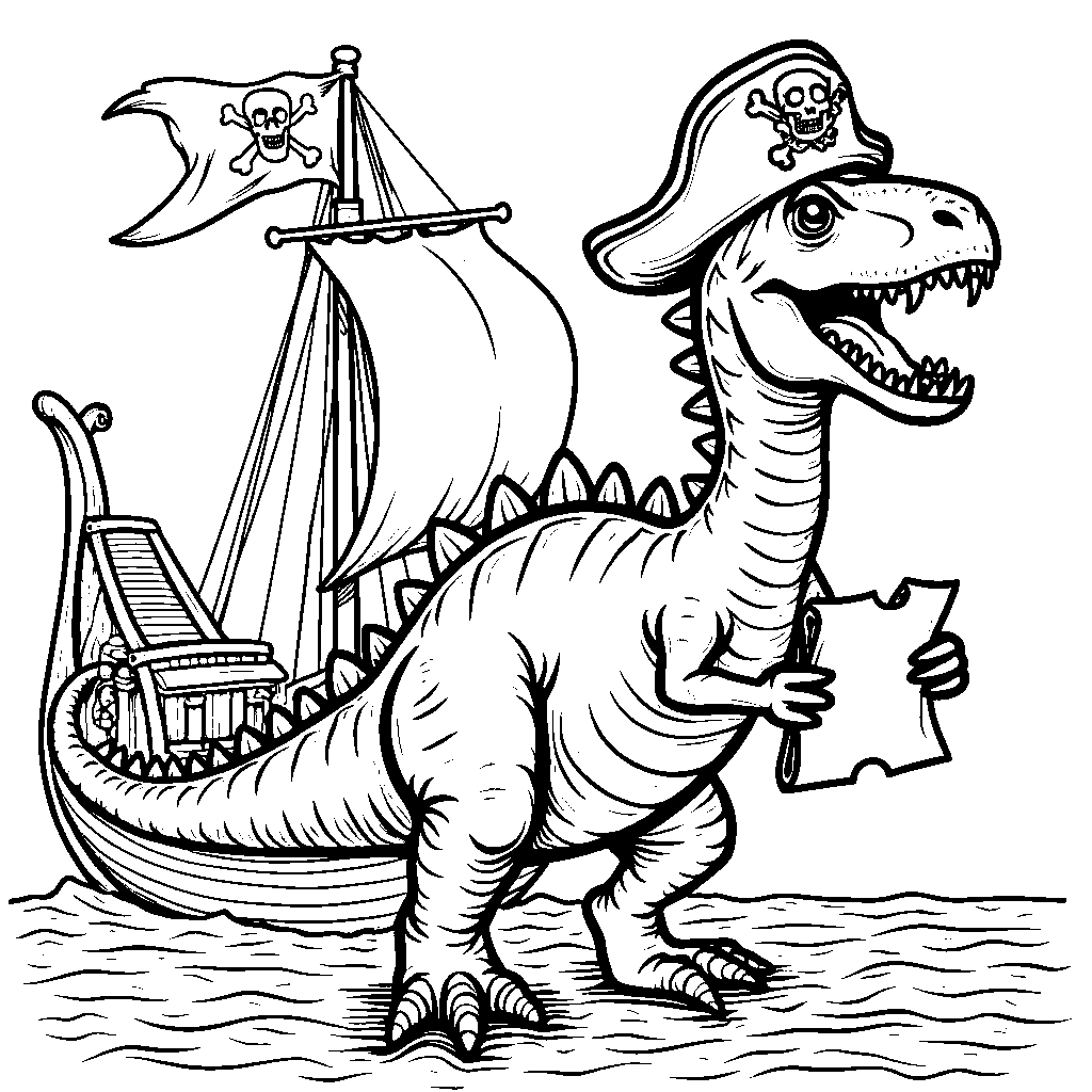 A Spinosaurus sailing on a pirate ship