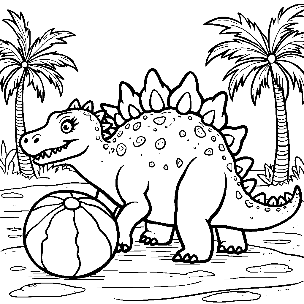 A Stegosaurus playing with a giant beach ball