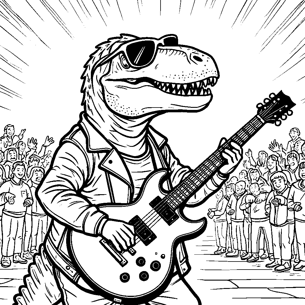 A T-Rex playing a guitar in a rock band