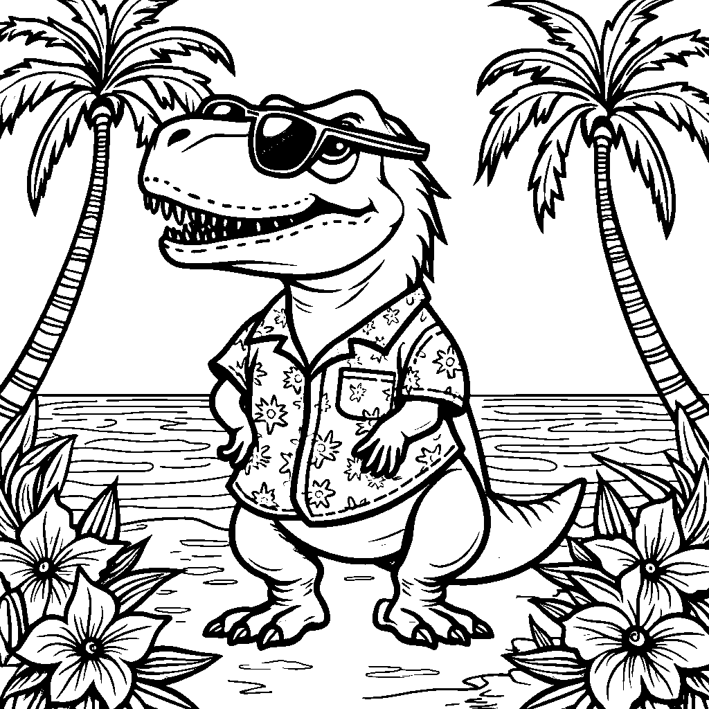 A T-Rex wearing sunglasses and a Hawaiian shirt