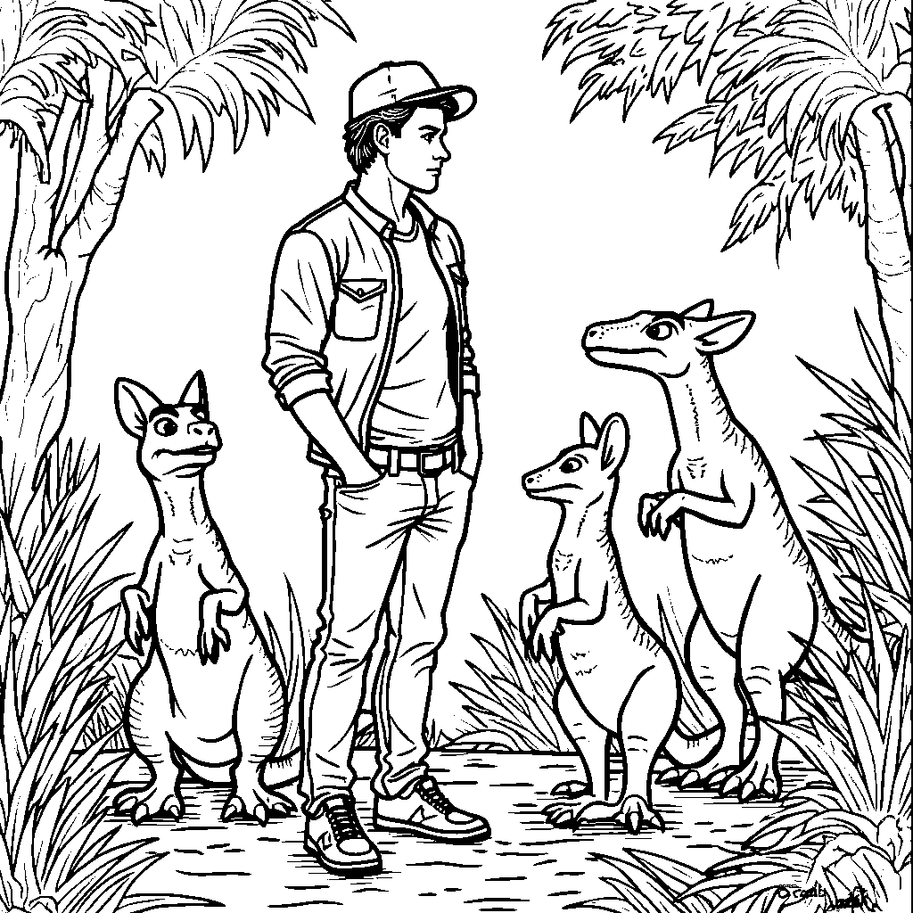 Chris Pratt as Owen Grady with his raptor friends