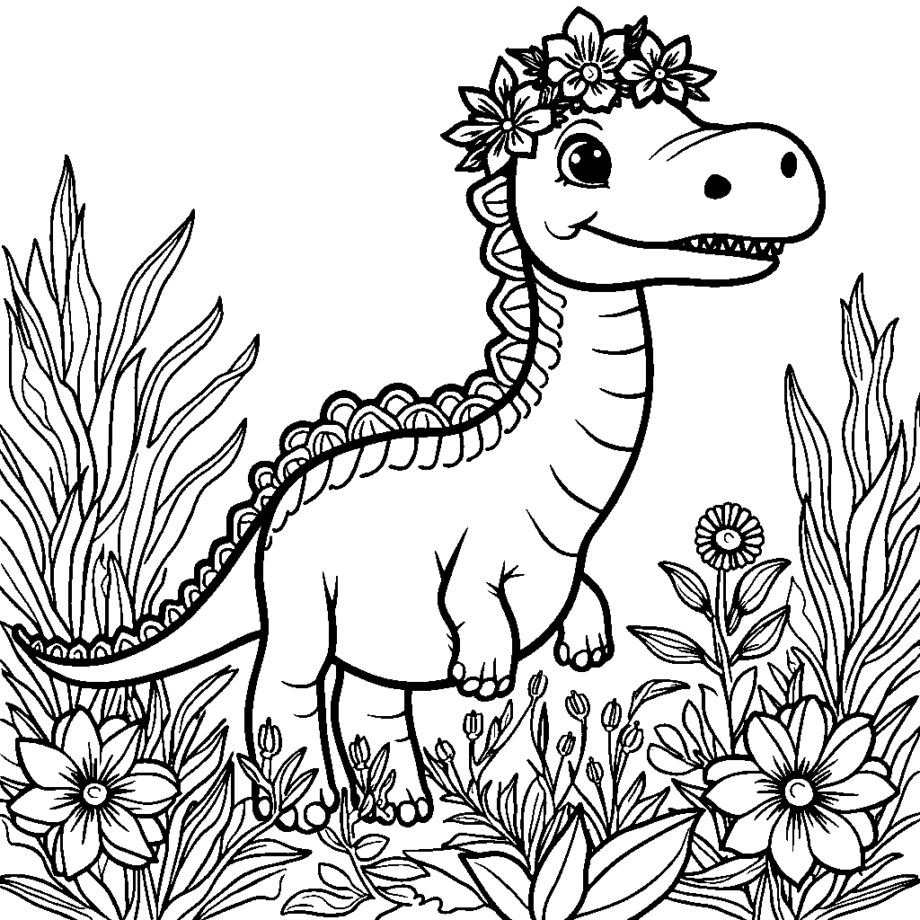 A happy Diplodocus with a flower crown