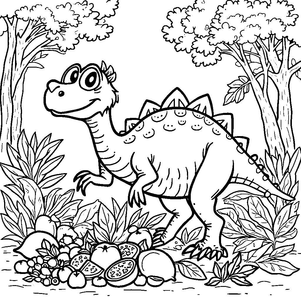 A happy Iguanodon eating fruits and leaves