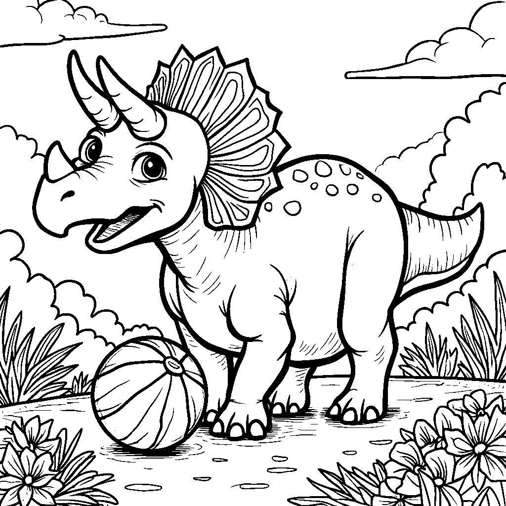 A happy triceratops playing with a ball