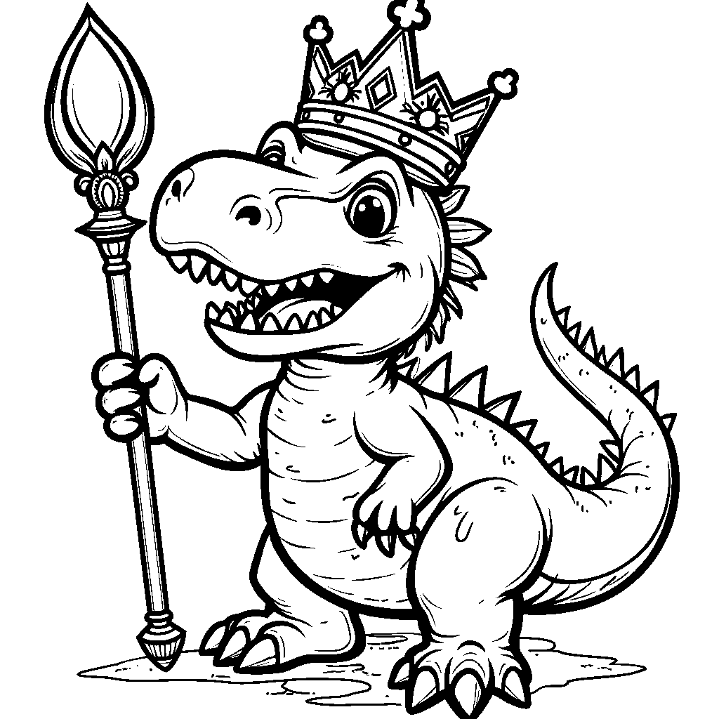 T-Rex wearing a crown and holding a scepter