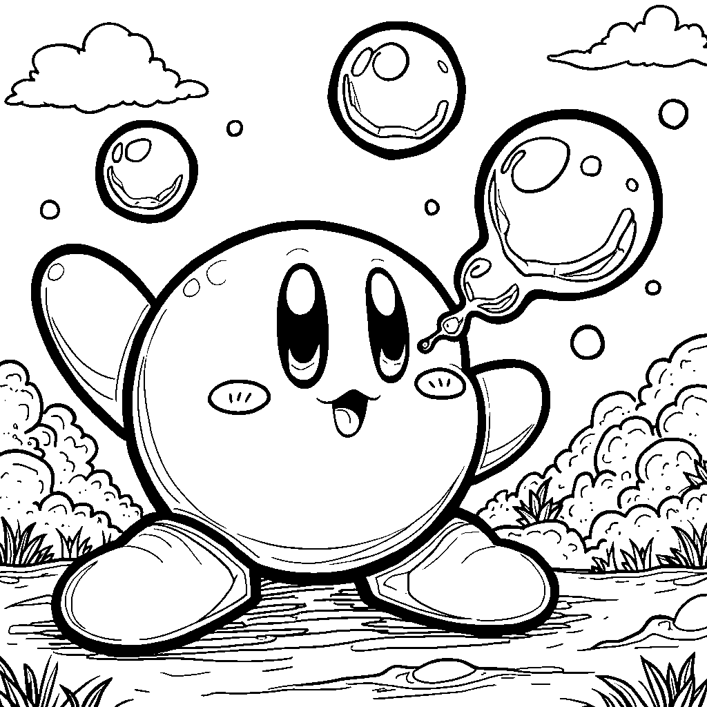 Kirby blowing bubbles in different colors