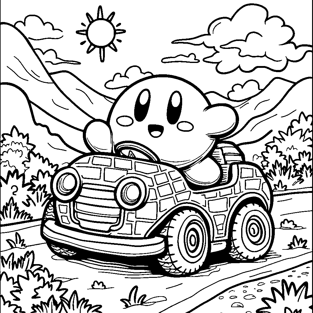 Kirby driving a car made of colored blocks