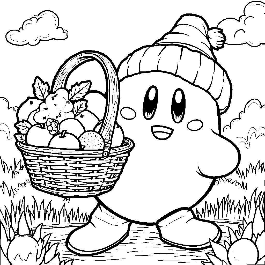 Kirby holding a basket of colorful fruit