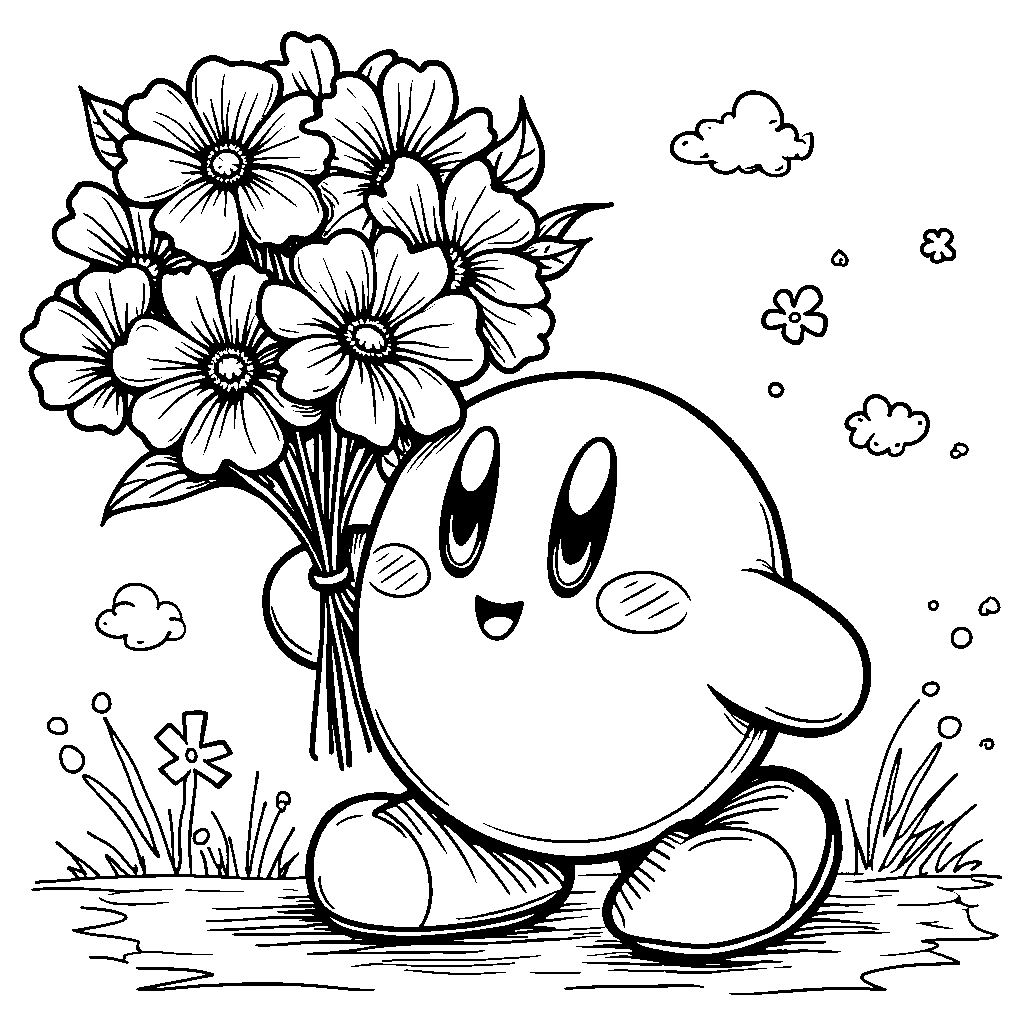 Kirby holding a bouquet of colorful flowers