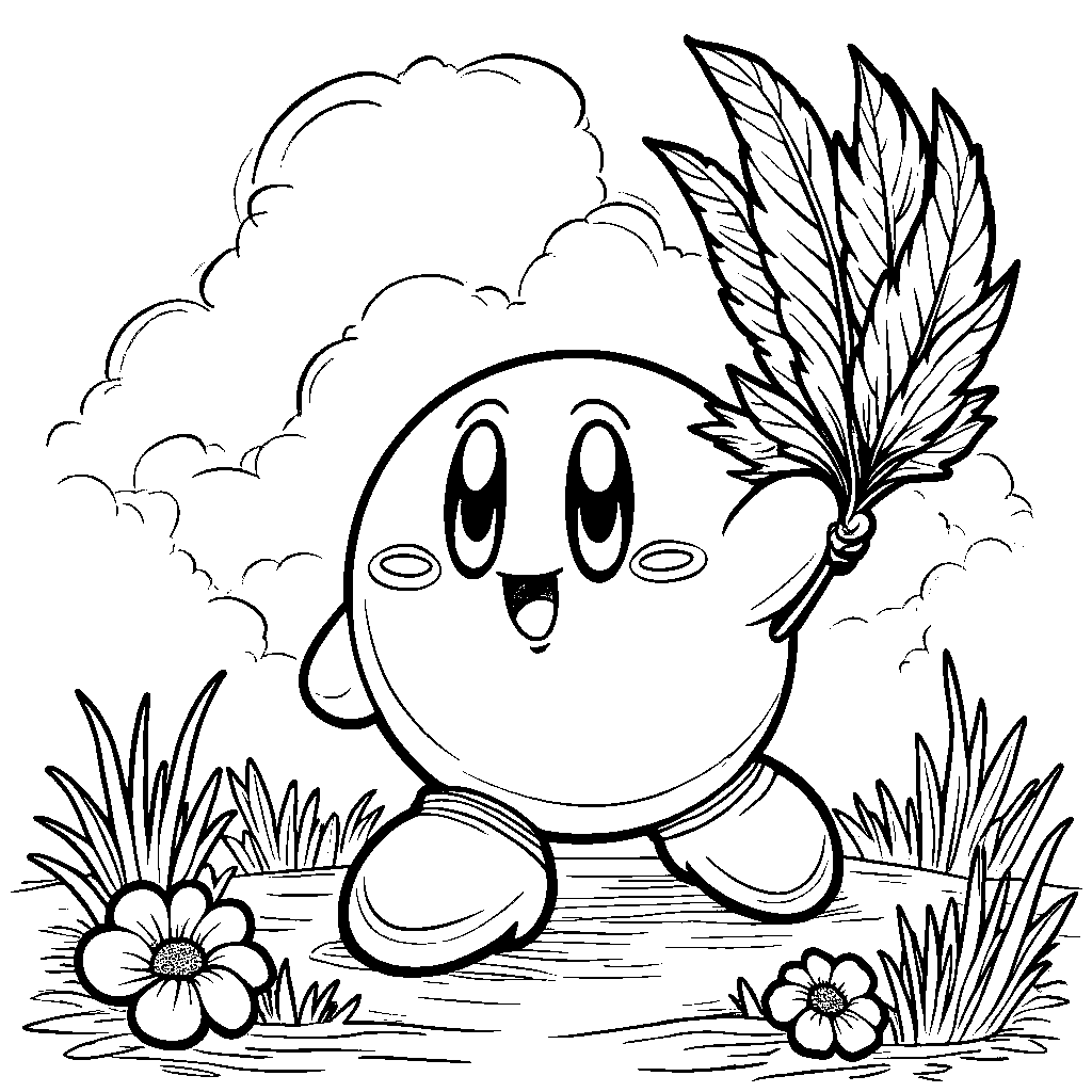 Kirby holding a fan with colorful feathers