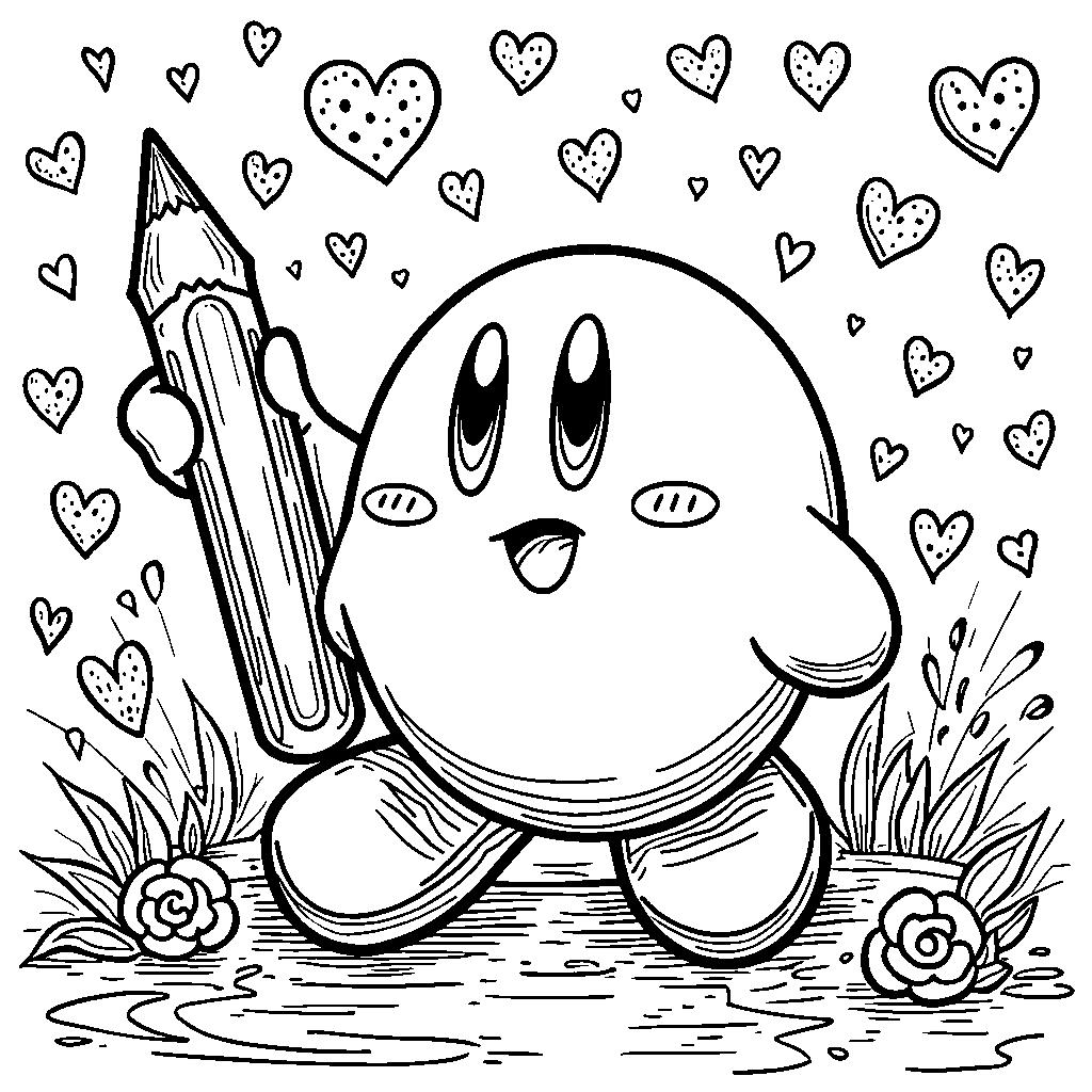 Kirby holding a giant colored pencil