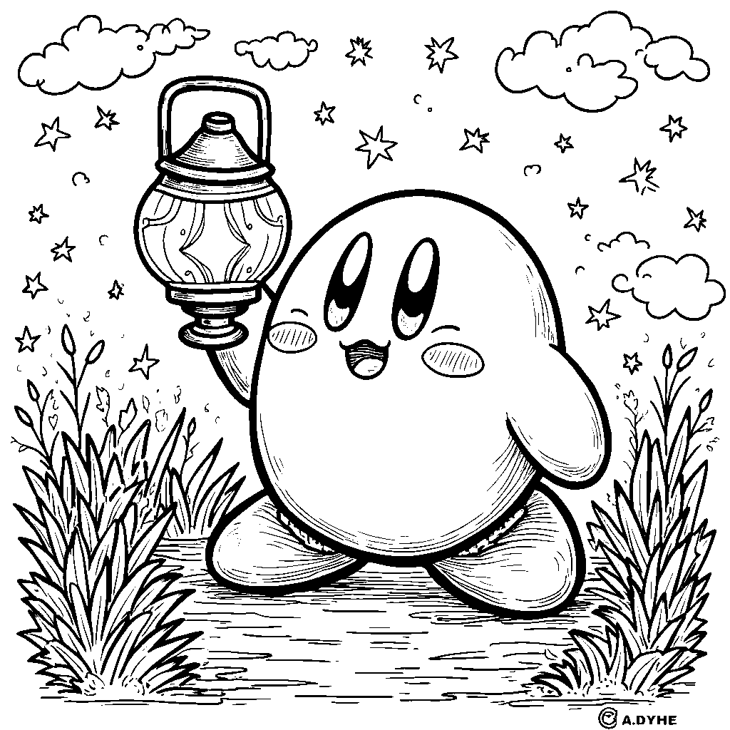 Kirby holding a lantern with a colorful glow