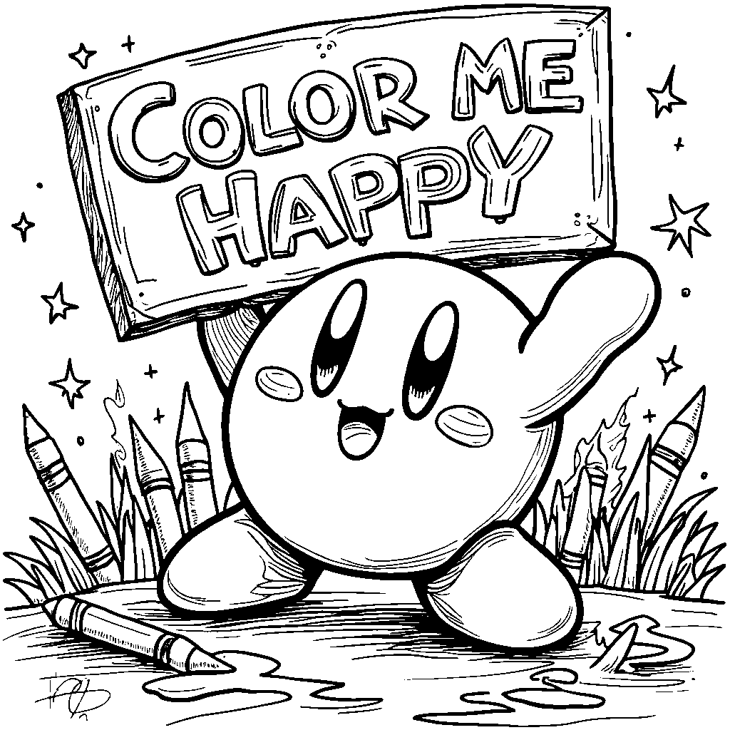 Kirby holding a sign that says 'Color Me Happy'