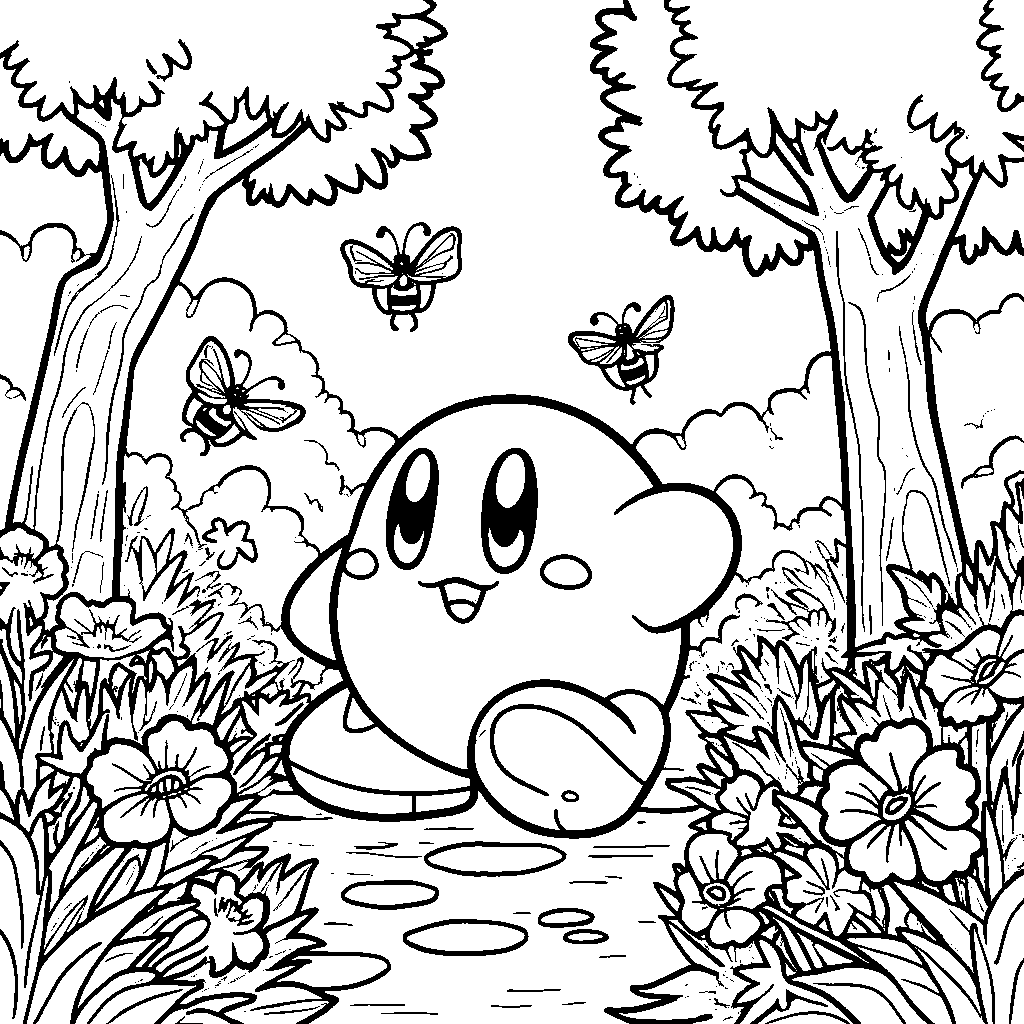 Kirby in a forest filled with colorful trees