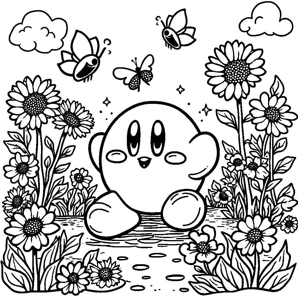 Kirby in a garden filled with colorful flowers