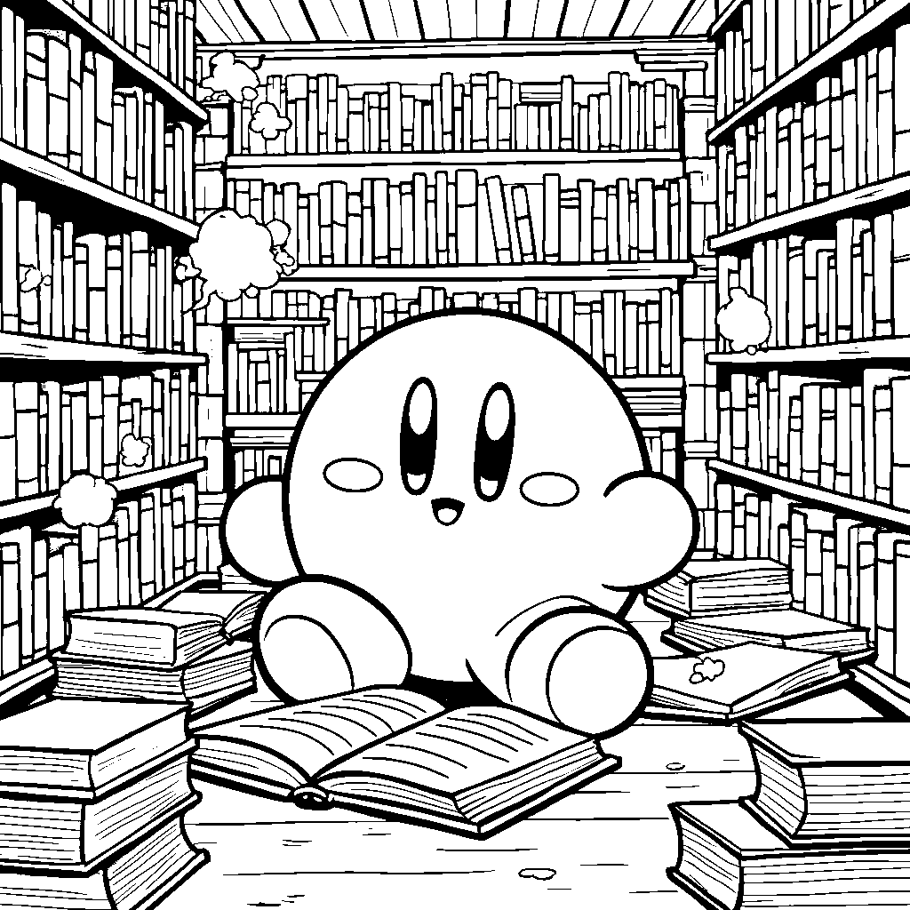 Kirby in a room filled with colorful books