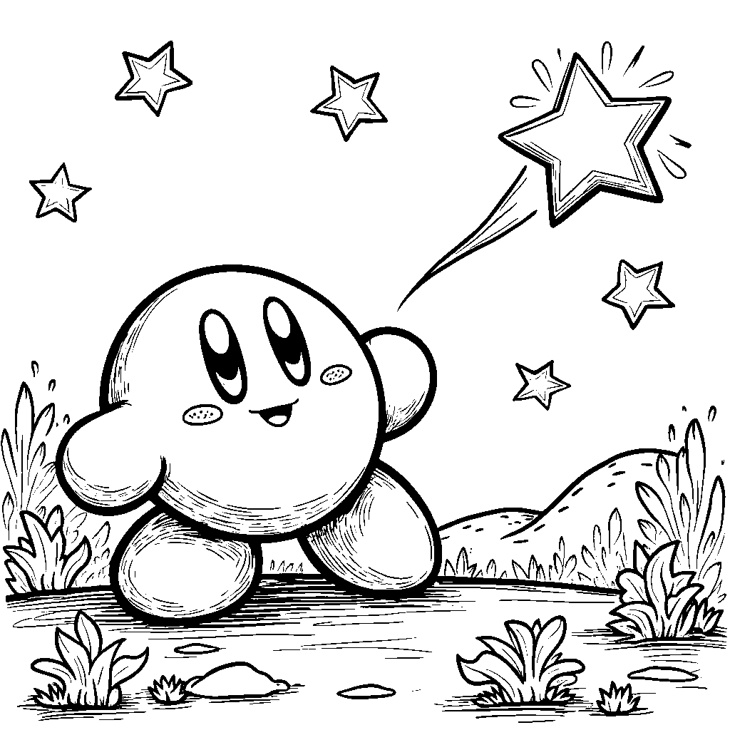 Kirby making a wish on a shooting star