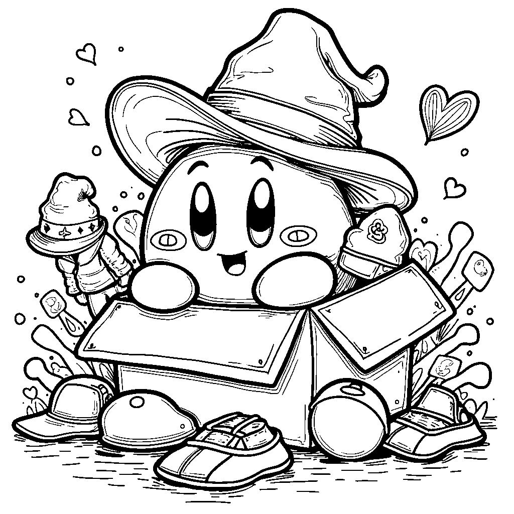 Kirby playing dress-up with a box of costumes