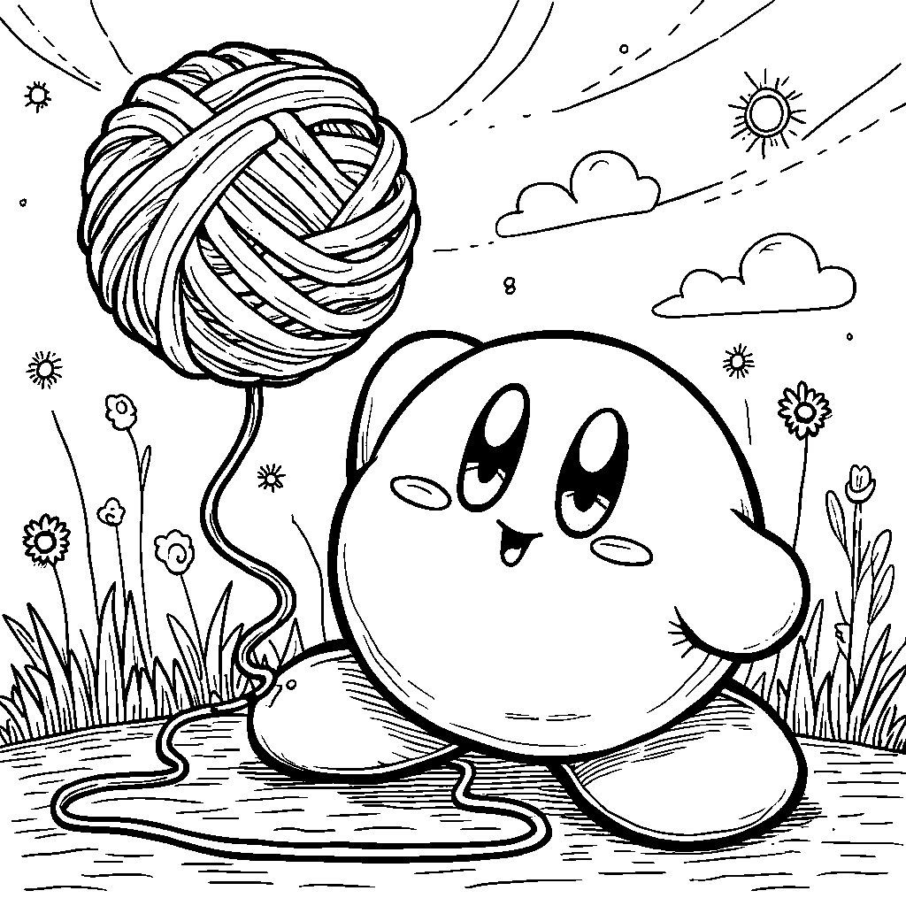 Kirby playing with a giant ball of yarn