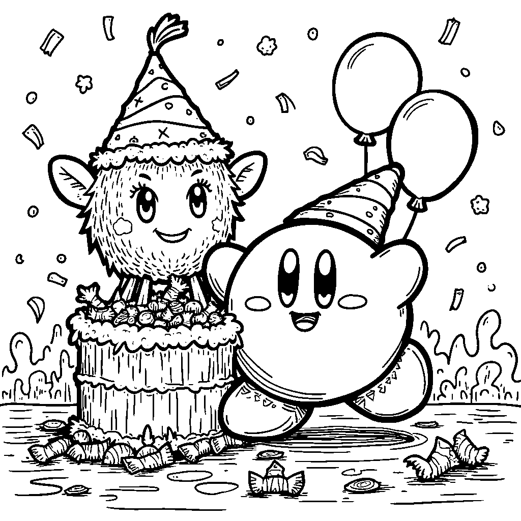 Kirby playing with a pinata filled with colorful candy