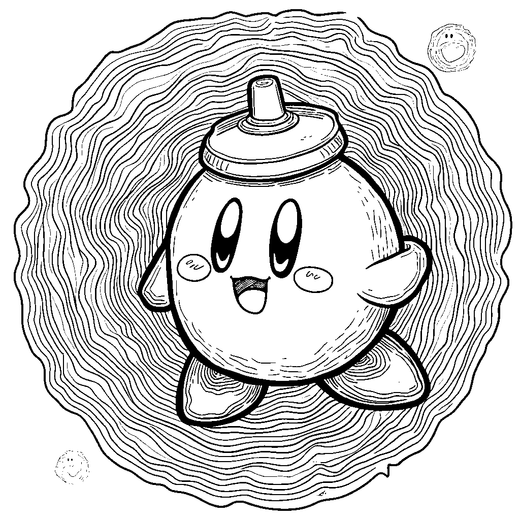 Kirby playing with a top that spins with colorful patterns