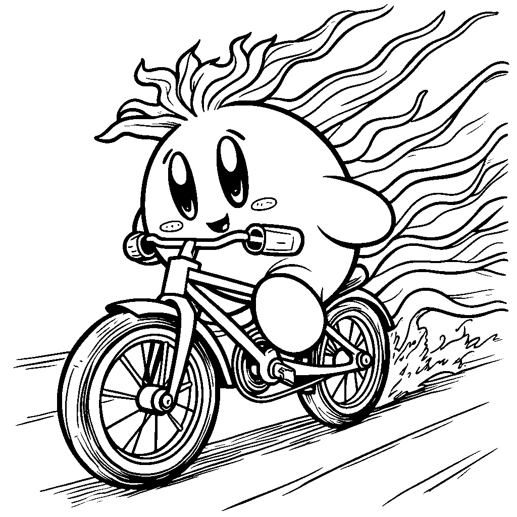 Kirby riding a bike with streamers flowing behind