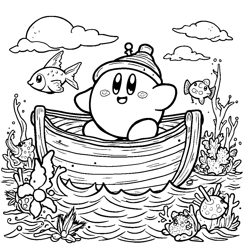 Kirby riding a boat on a sea of colorful waves