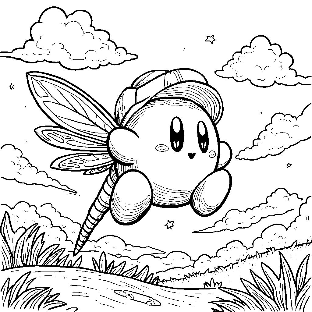 Kirby riding a dragonfly with colored wings