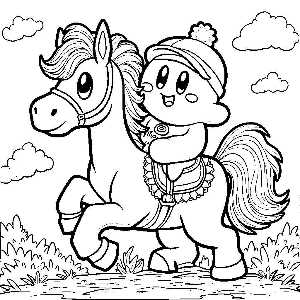 Kirby riding a horse with a colorful mane