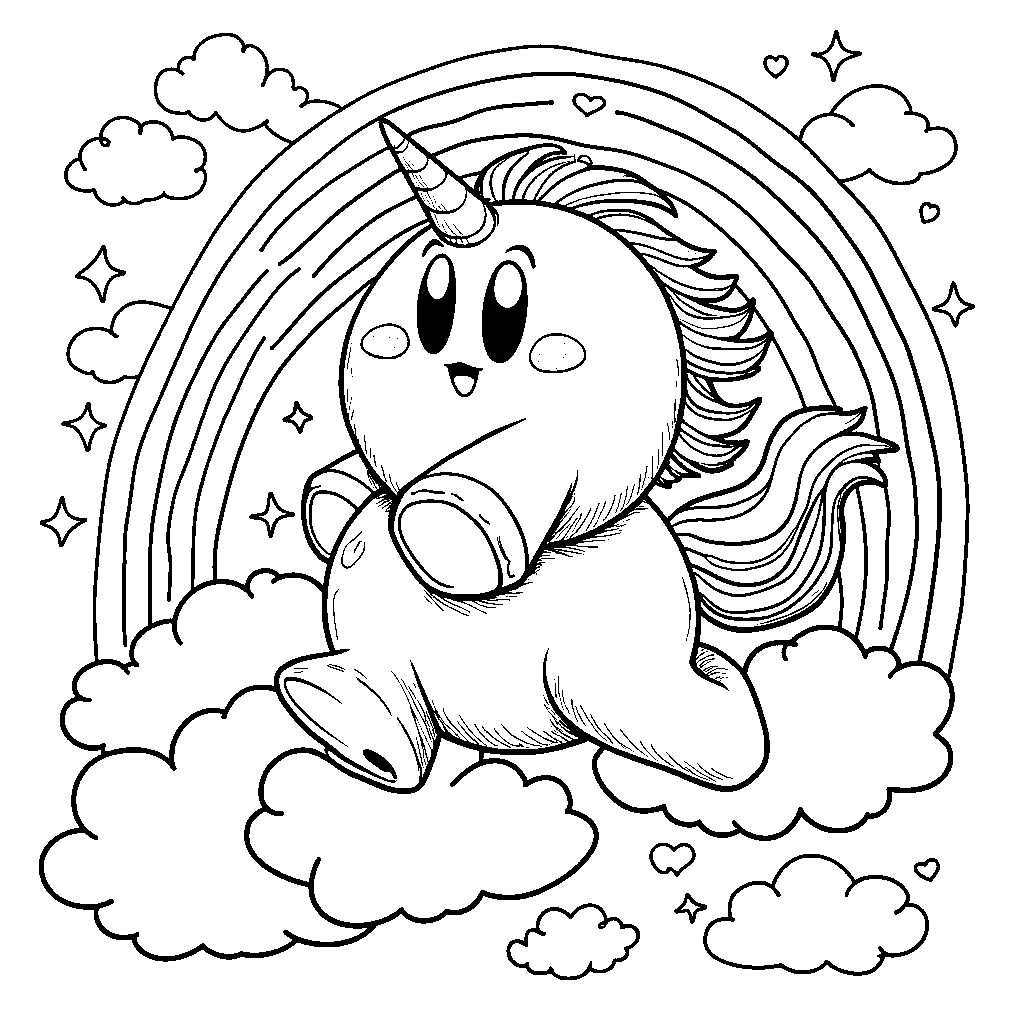 Kirby riding a rainbow-colored unicorn