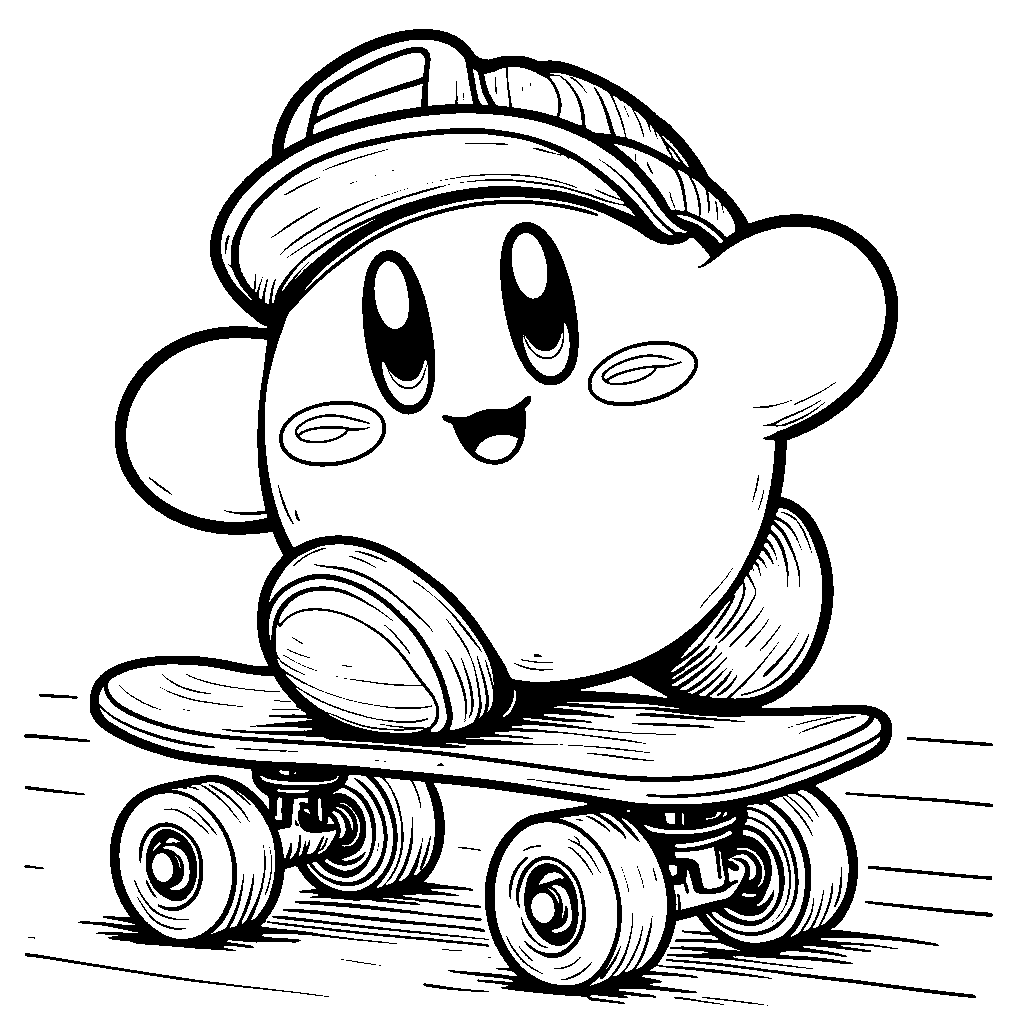 Kirby riding a skateboard with colorful wheels