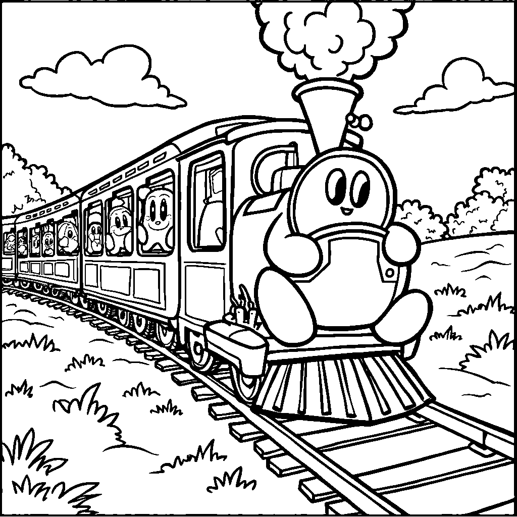 Kirby riding a train with colorful cars