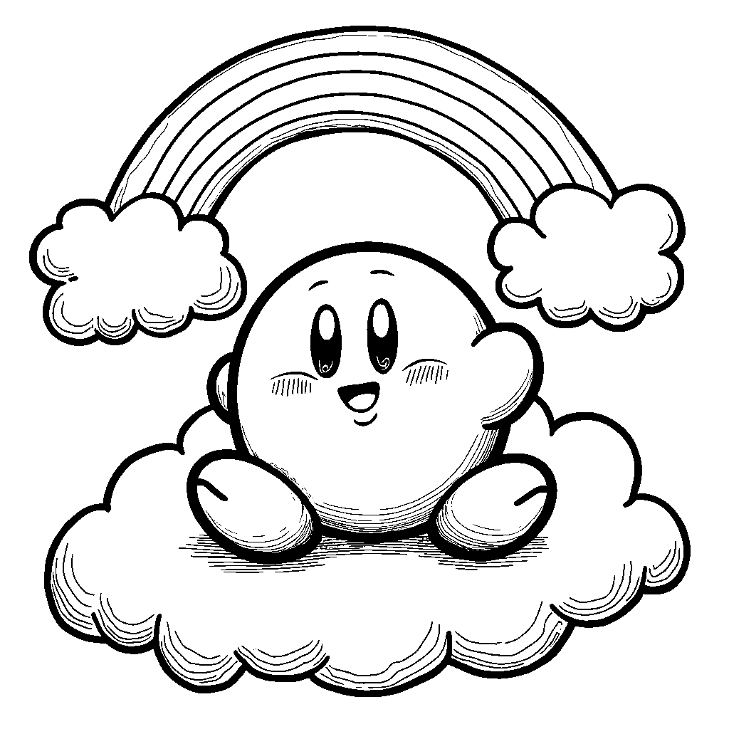 Kirby sitting on a cloud with a rainbow above