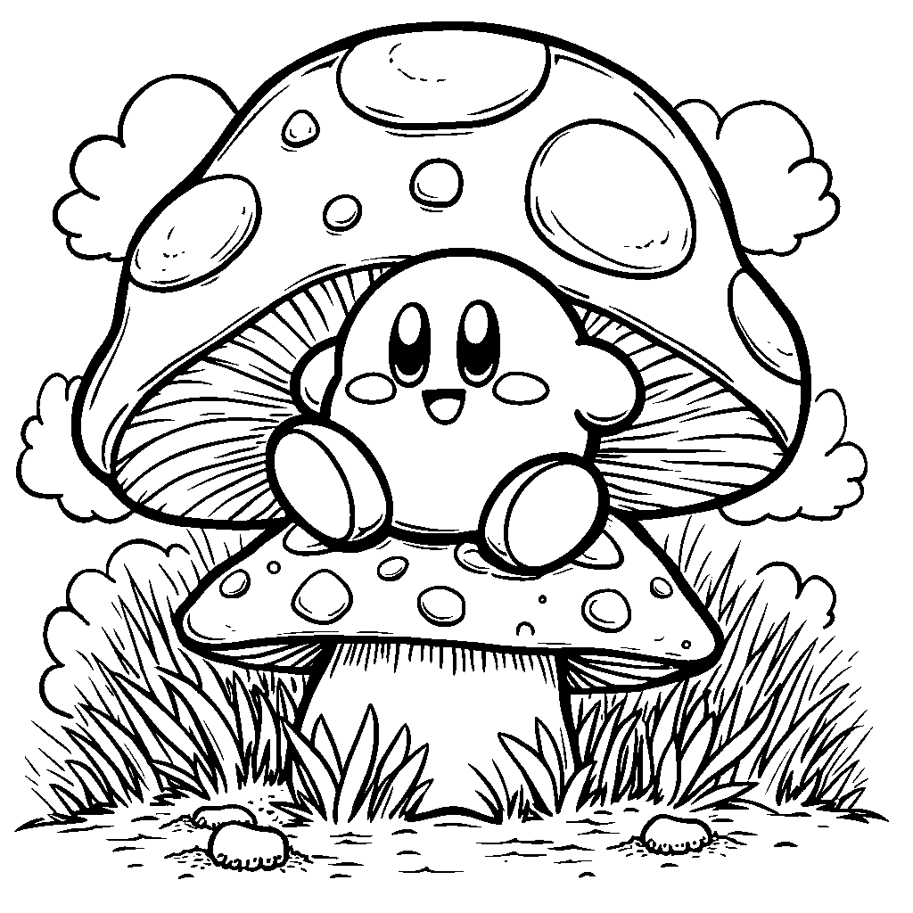 Kirby sitting on a mushroom with colorful spots