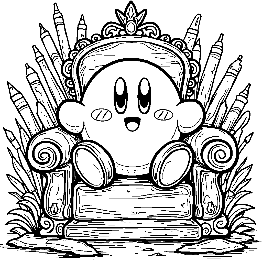 Kirby sitting on a throne made of art supplies