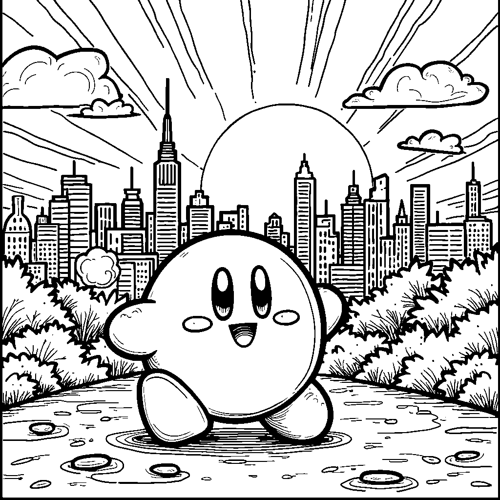 Kirby standing in front of a city skyline at sunset