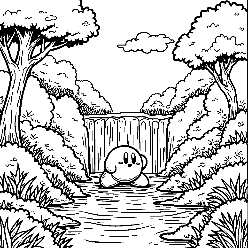 Kirby standing in front of a colorful waterfall