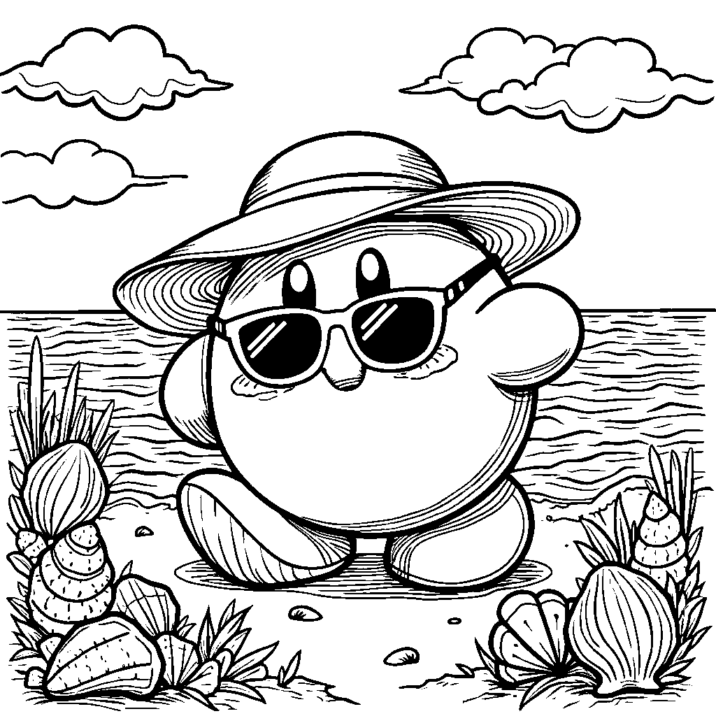 Kirby standing on a beach with colorful seashells