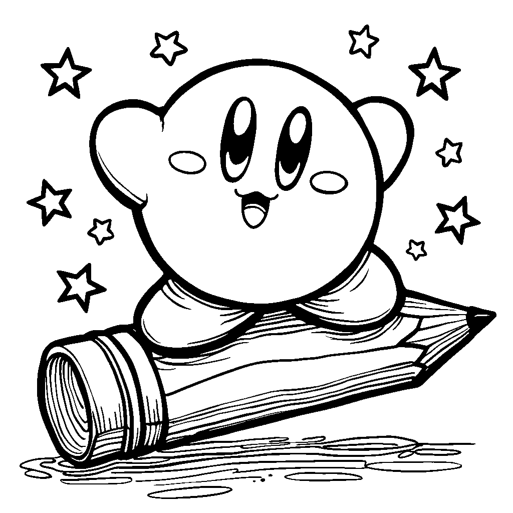 Kirby standing on a giant pencil