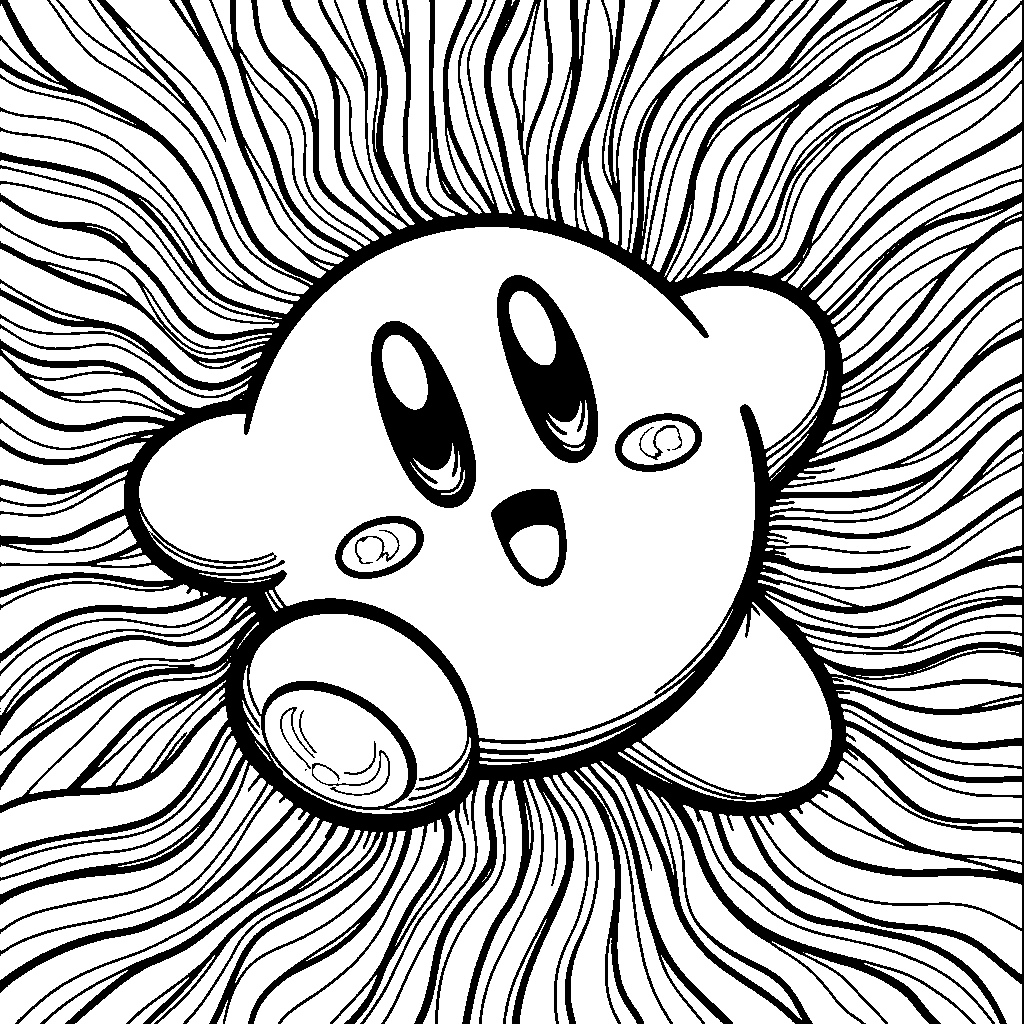 Kirby surrounded by a swirl of colorful ribbons