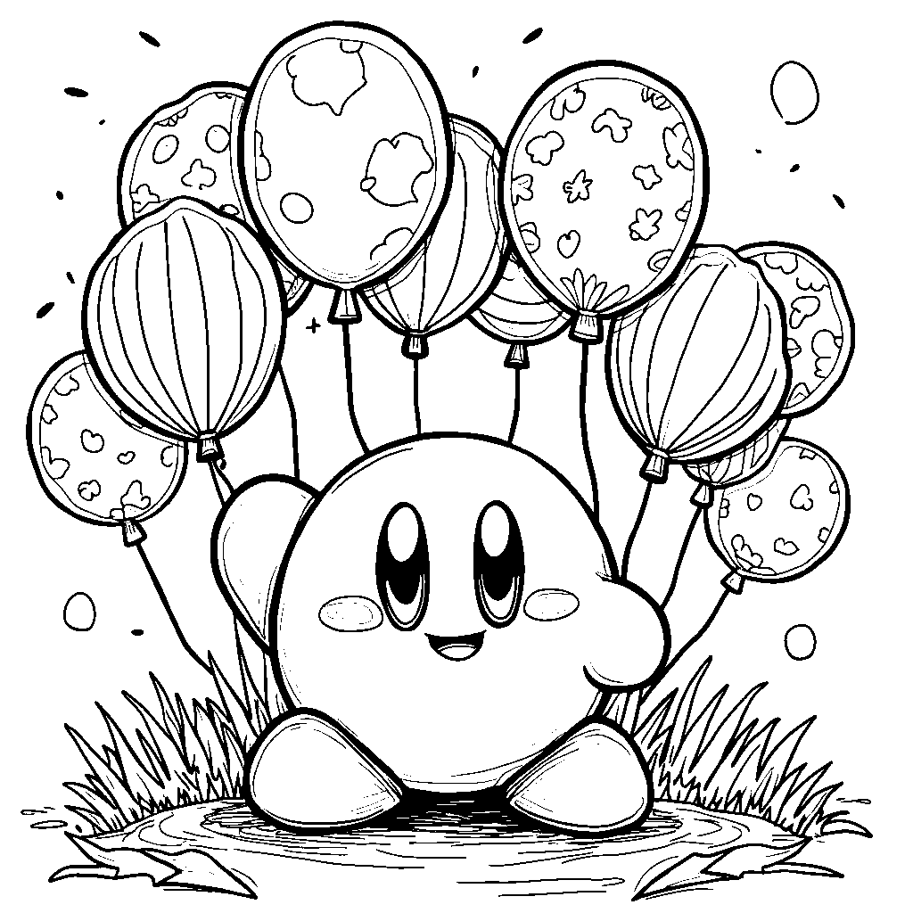 Kirby surrounded by colorful balloons