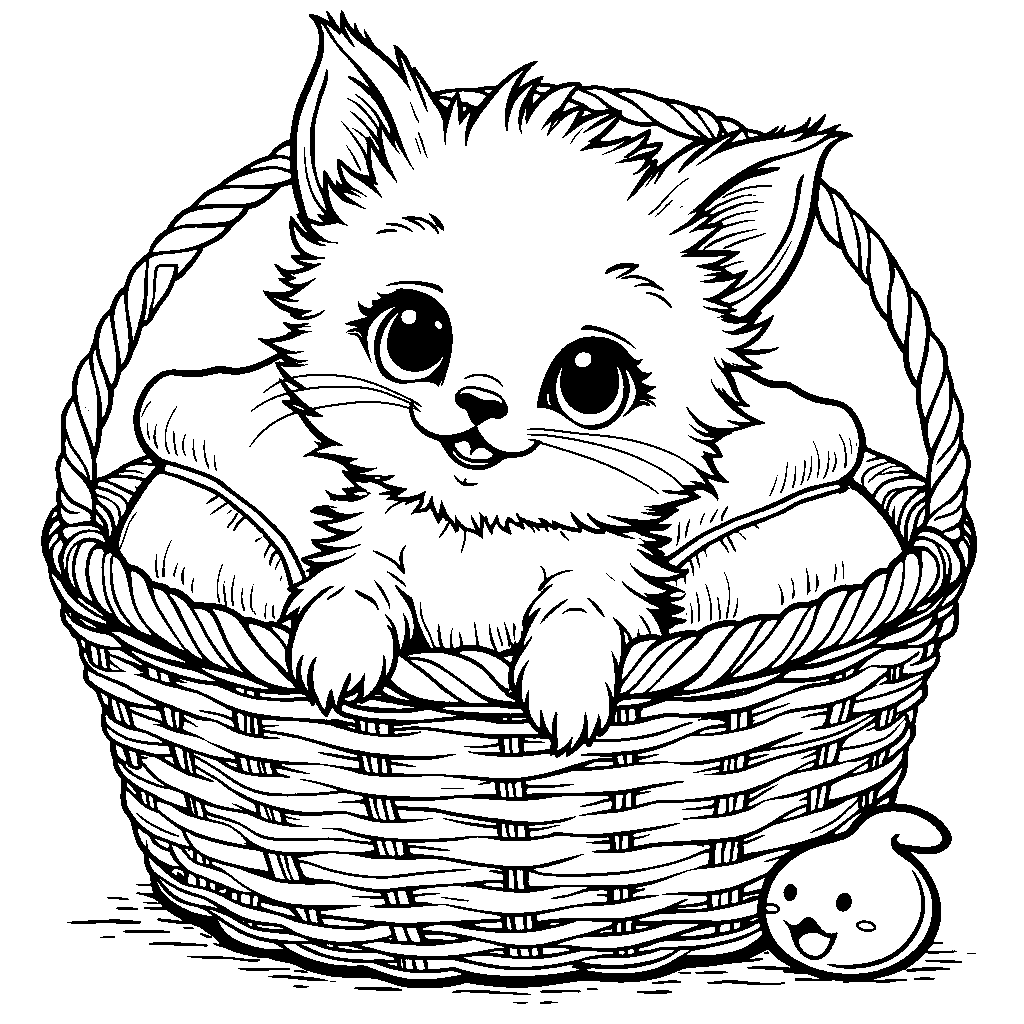 Kitten peeking out of a basket