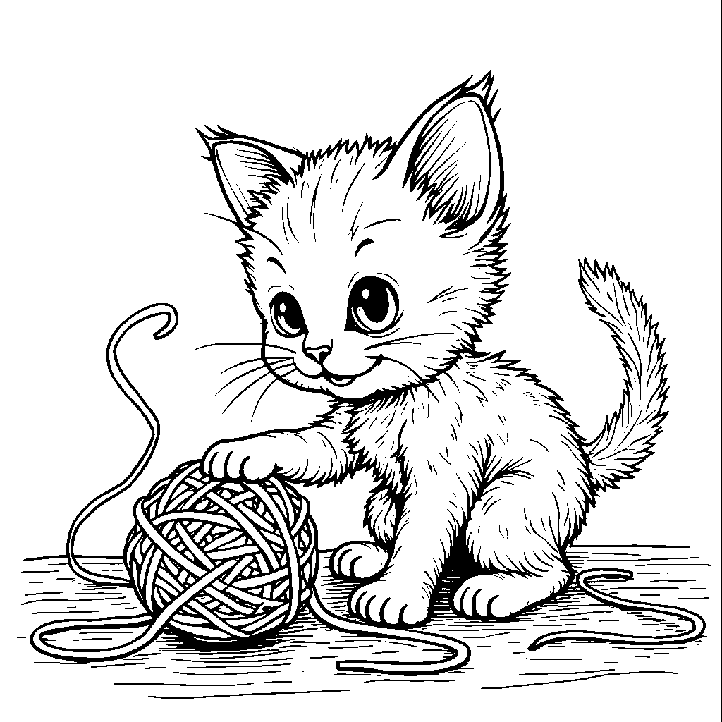 kitten playing with a ball of yarn