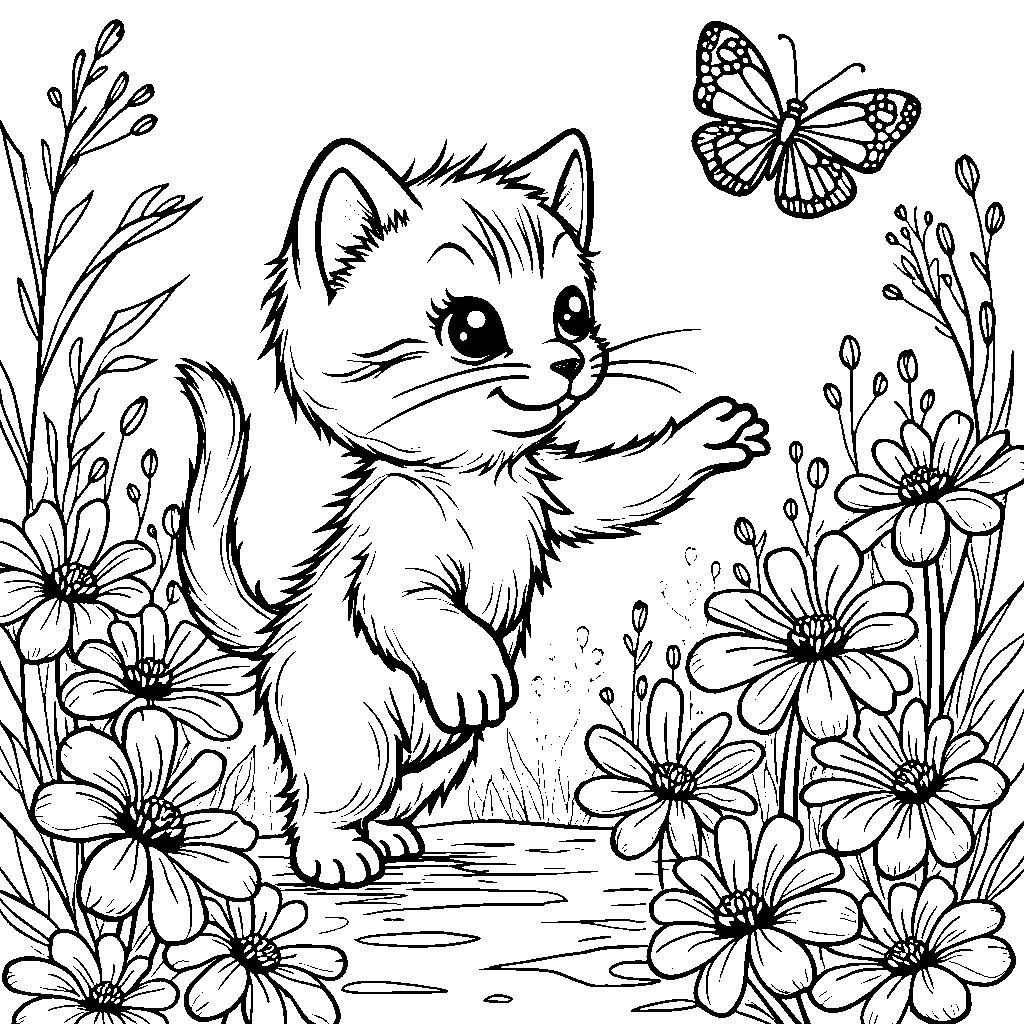 Kitten playing with a butterfly