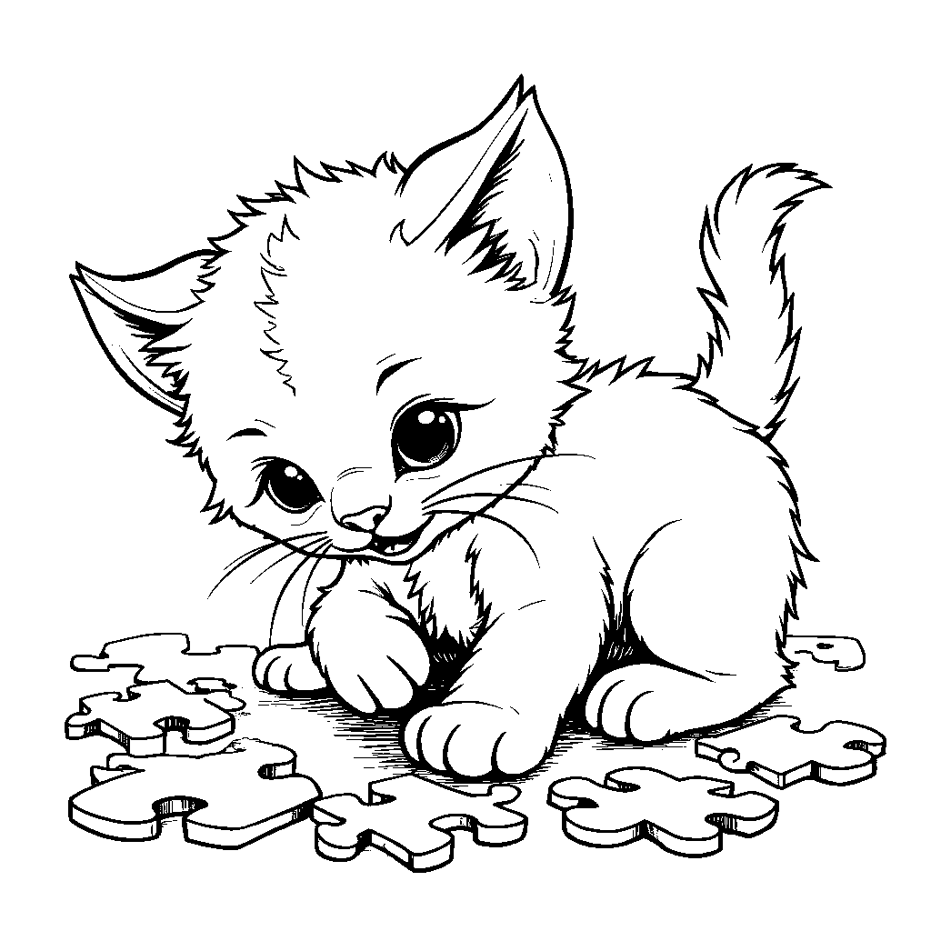 Kitten playing with a puzzle