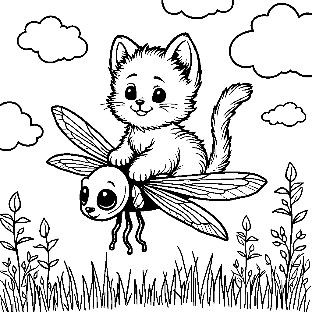 Kitten riding a dragonfly